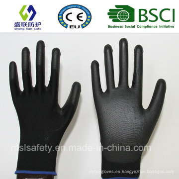 13G poliéster negro con Gary PU guantes de protección de recubrimiento (SL-PU207)